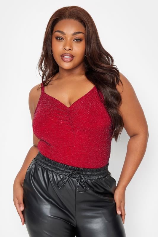 LIMITED COLLECTION Curve Burgundy Red Glitter Ruched Bodysuit | Yours Clothing 1