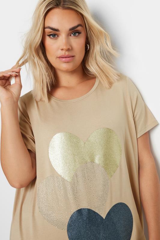 YOURS Plus Size Natural Brown Foil Heart Print T-Shirt | Yours Clothing  1