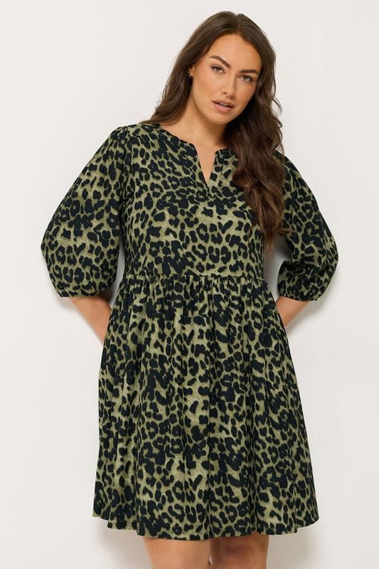 YOURS Plus Size Green Animal Notch Neck Dress | Yours Clothing 1
