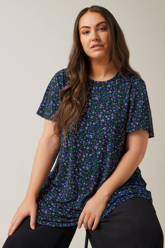 EVANS Plus Size Navy Blue Ditsy Floral Angel Sleeve Top | Evans 1