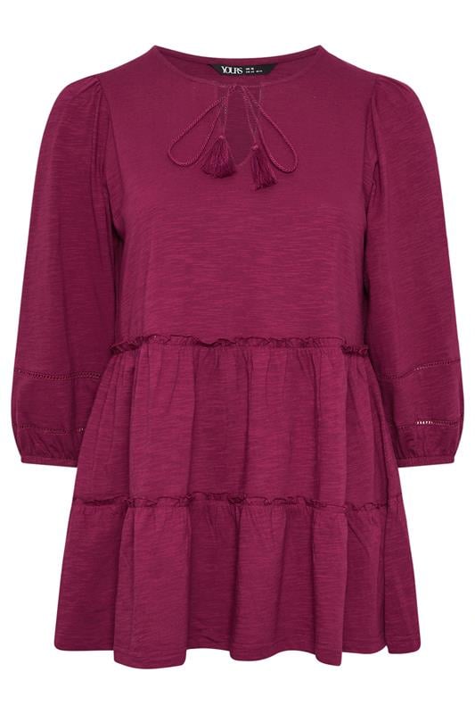 YOURS Plus Size Burgundy Red Cotton Tie Neck Top | Yours Clothing 5