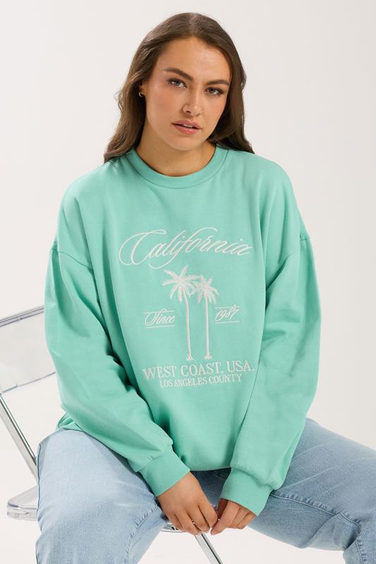 YOURS Curve Mint Green 'California' Embroidered Sweatshirt
