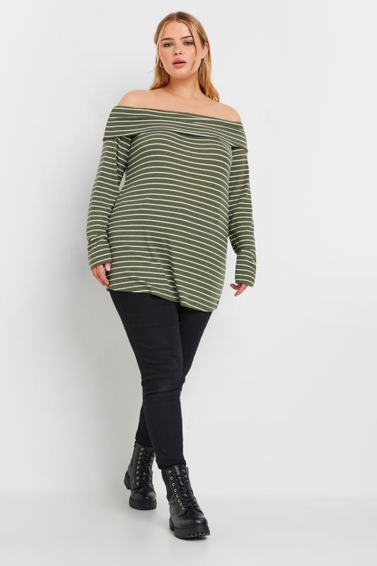 YOURS Plus Size Green Stripe Long Sleeve Bardot Top | Yours Clothing 2