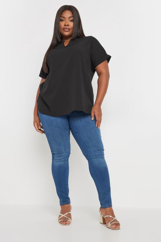 YOURS Plus Size Black Notch Neck Blouse | Yours Clothing 2