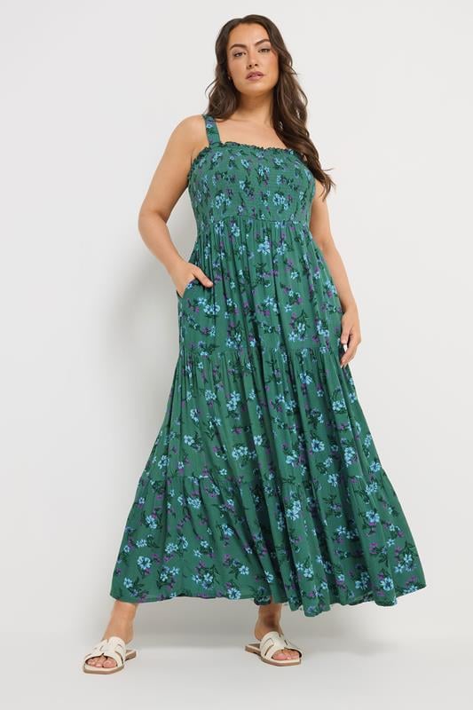 YOURS Curve Green Floral Shirred Dress