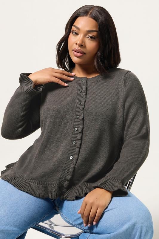 Plus Size  YOURS Curve Charcoal Grey Frill Trim Cardigan