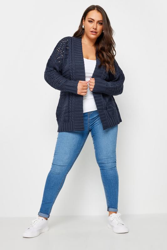 YOURS Plus Size Navy Blue Pointelle Belted Cardigan | Yours Clothing 2