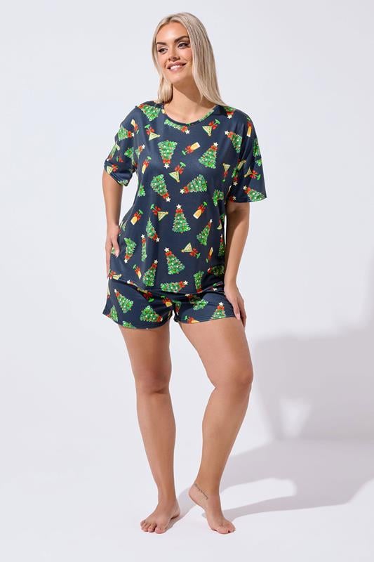 LIMITED COLLECTION Plus Size Navy Blue Christmas Tree Novelty Pyjama Set | Yours Clothing 1