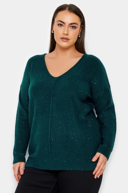Plus Size  Evans Forest Green Sequin Knitted Jumper