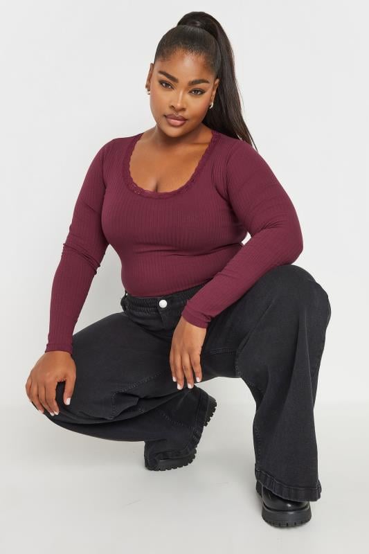 YOURS Plus Size Wine Red Long Sleeve Lace Bodysuit | Yours Clothing 1