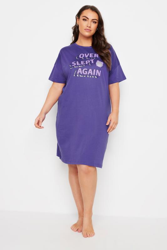 YOURS Plus Size Purple 'Overslept Again' Slogan Sleep Tee Nightdress 2