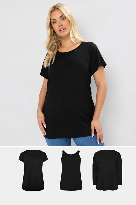 Plus Size  YOURS Curve 3 PACK Black Core T-Shirt Essentials Set