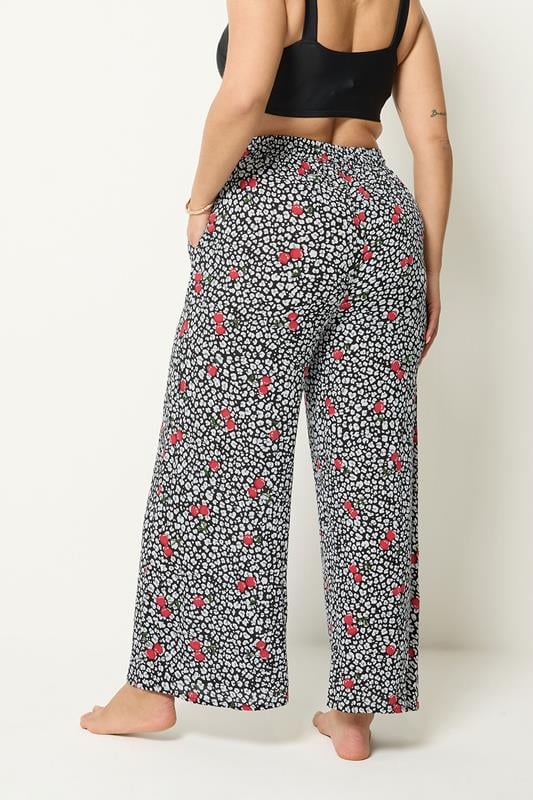 YOURS Plus Size Black Leopard & Cherry Print Crinkle Beachwear Wide Leg Trousers | Yours Clothing 2