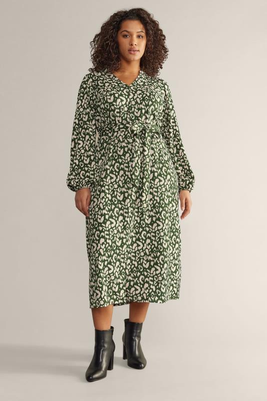 EVANS Curve Khaki Green Leopard Print Tie Waist Midi Dress | Evans