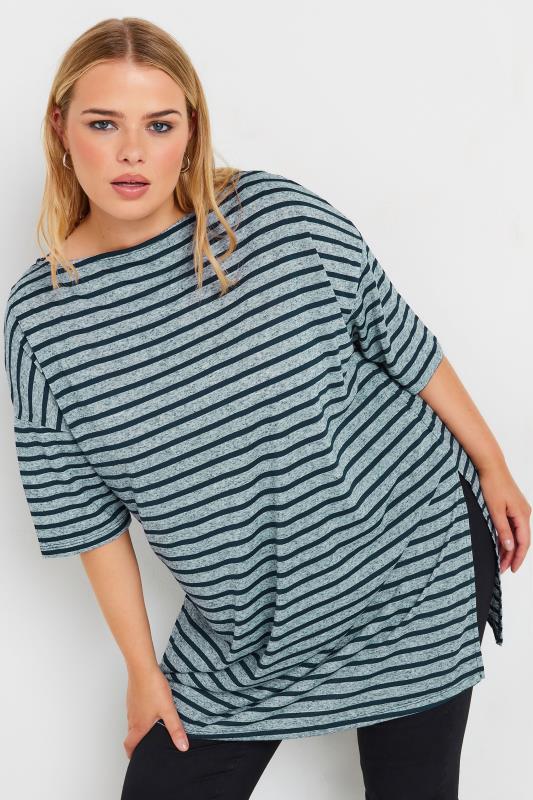 Plus Size  YOURS Curve Blue Stripe Oversized Linen T-Shirt