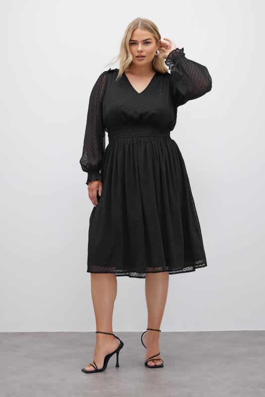 YOURS LONDON Plus Size Black Dobby Midi Dress | Yours Clothing 1