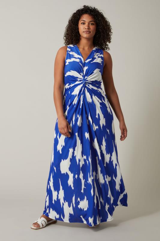 EVANS Plus Size Blue Abstract Print Twist Front Maxi Dress | Evans Clothing 1