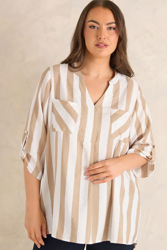 Plus Size  EVANS Curve Natural Brown Stripe Utility Shirt