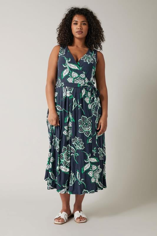 Plus Size  EVANS Curve Navy Blue & Green Paisley Print Wrap Dress