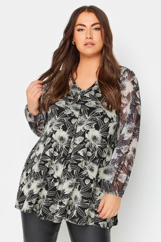 YOURS Plus Size Black Floral Mesh Sleeve Top | Yours Clothing 1