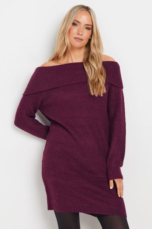 LTS Tall Womens Dark Purple Bardot Mini Jumper Dress | Long Tall Sally 2