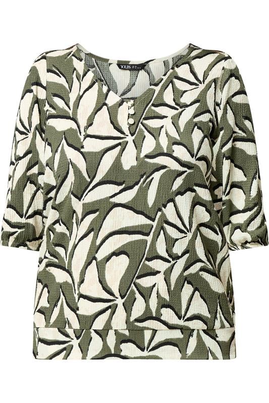 YOURS Plus Size Sage Green & White Leaf Print Puff Sleeve Top | Yours Clothing 5