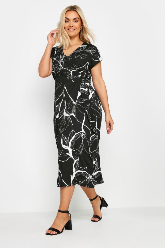 YOURS Plus Size Black Leaf Print Crinkle Midi Wrap Dress | Yours Clothing 2