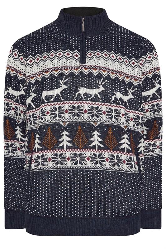 D555 Big & Tall Navy Blue Christmas Quarter Zip Jumper | BadRhino 2
