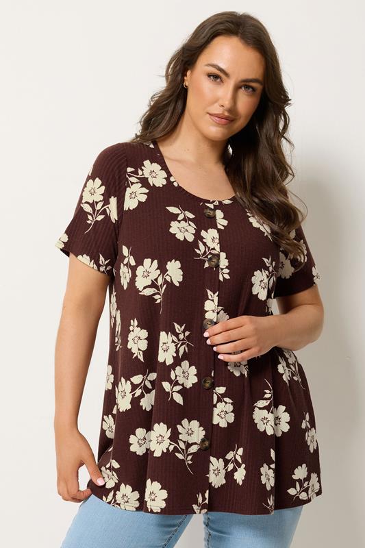 YOURS Plus Size Brown Floral Button Front Ribbed Swing Top | Yours Clothing 1