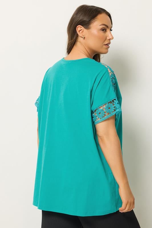 YOURS Plus Size Blue Crochet Sleeve T-Shirt | Yours Clothing 2