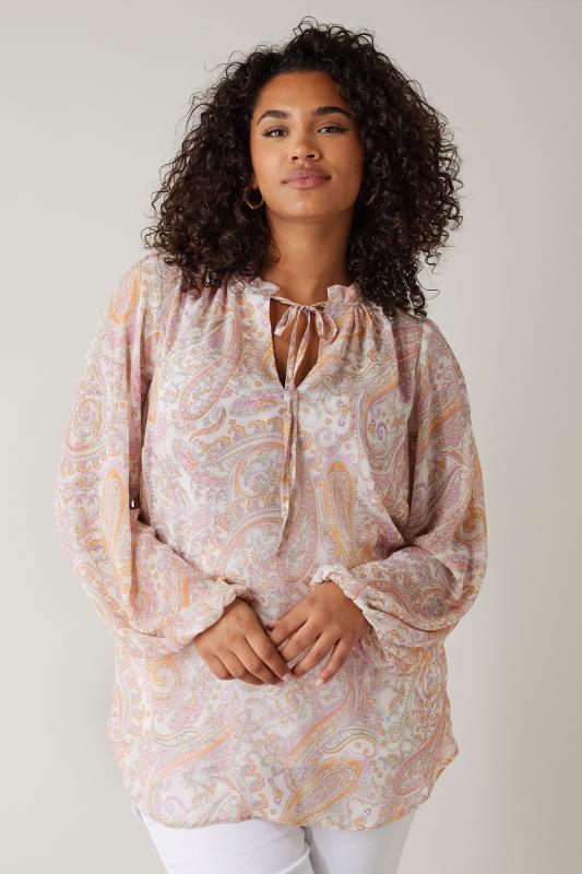 Plus Size  EVANS Curve Pink Paisley Print Tie Neck Blouse