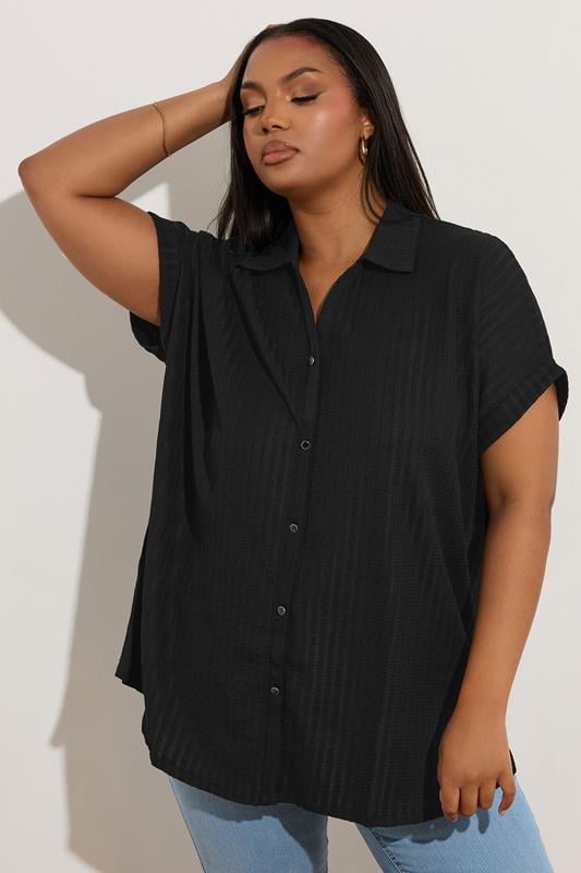 YOURS Plus Size Black Textured Boxy Shirt | Yours Clothing 2