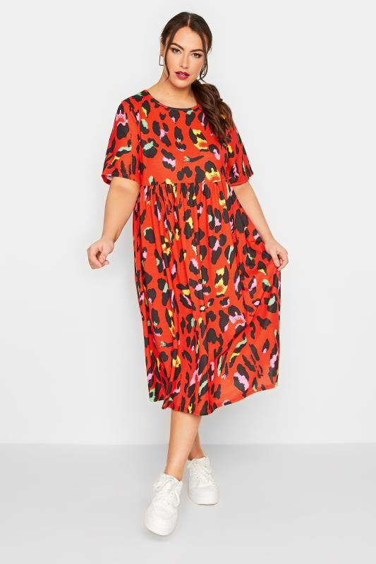 YOURS Plus Size Red Leopard Print Smock Midaxi Dress | Yours Clothing 2