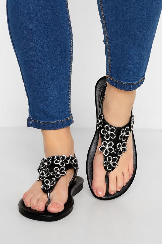 Plus Size Black Diamante Flower Sandals In Wide E Fit & Extra Wide EEE Fit | Yours Clothing 1