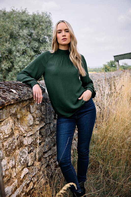 Tall  LTS Tall Dark Green High Neck Crinkle Blouse