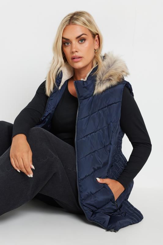 Plus Size  YOURS Curve Navy Blue Faux Fur Trim Padded Gilet