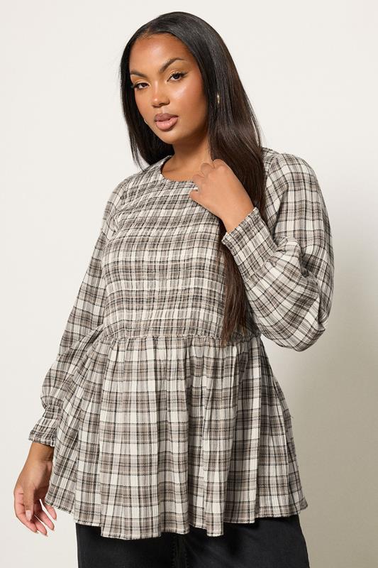  YOURS Curve Natural Brown Check Shirred Peplum Blouse