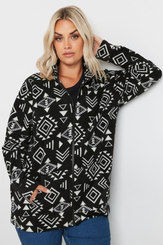 YOURS Plus Size Black & White Aztec Print Zip Fleece Jacket | Yours Clothing 4