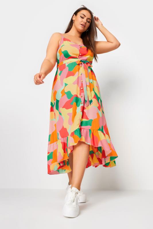 YOURS Curve Pink Abstract Print Frill Hem Midi Dress | Yours Clothing 3