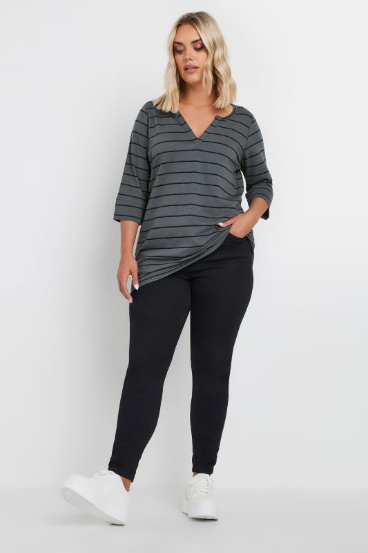 YOURS Plus Size Grey Stripe Notch Neck T-Shirt | Yours Clothing 2