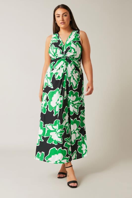 Plus Size  EVANS Curve Green Abstract Floral Print Twist Front Maxi Dress
