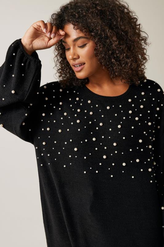 EVANS Plus Size Black Pearl Embellished Soft Touch Jumper Dress | Evans 4