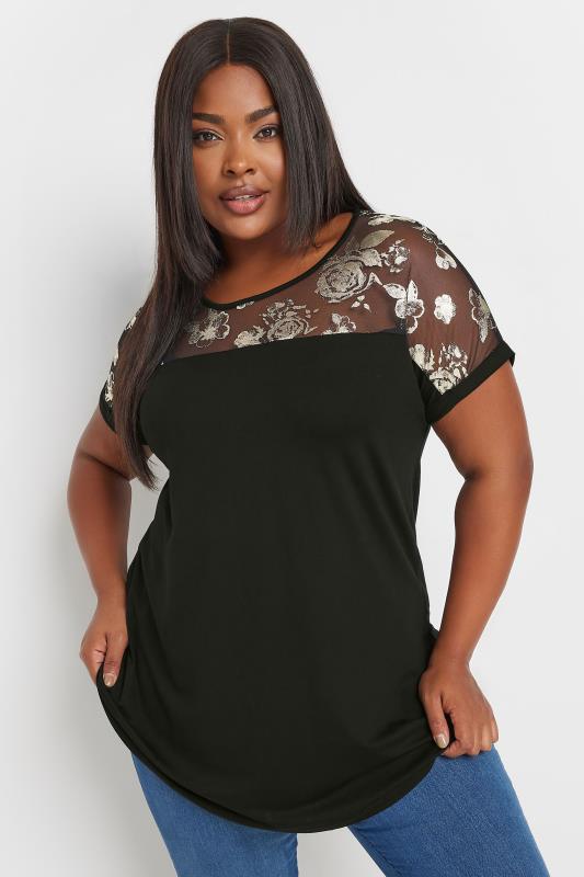 YOURS Plus Size Black Foil Floral Print Top | Yours Clothing  1