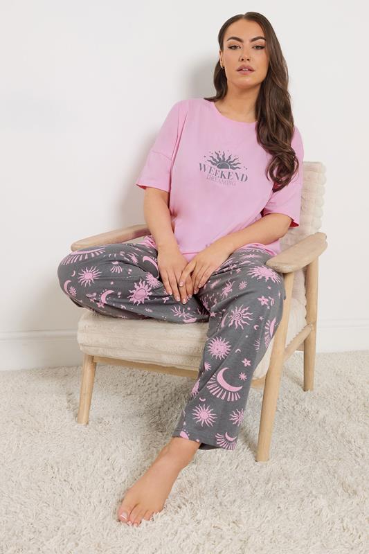  YOURS Curve Pink & Grey 'Weekend Dreaming' Pyjama Set