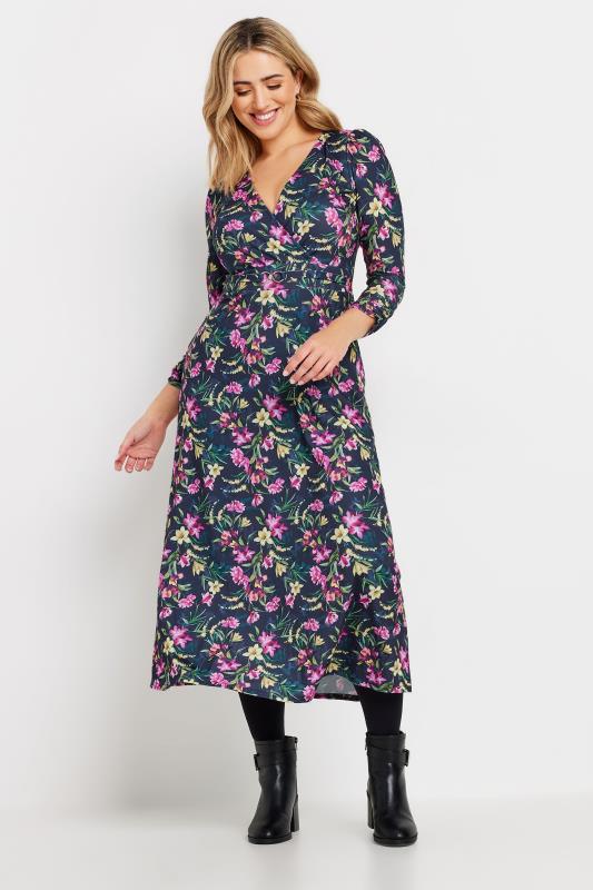 M&Co Navy Blue Floral Print Belted Wrap Midi Dress | M&Co 2