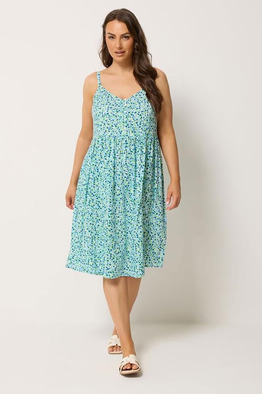 YOURS Plus Size Blue Ditsy Floral Strappy Midi Sundress | Yours Clothing 1