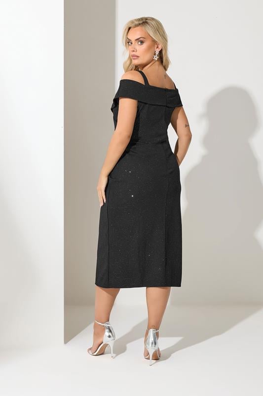 YOURS LONDON Plus Size Black Bardot Glitter Skater Dress | Yours Clothing 2