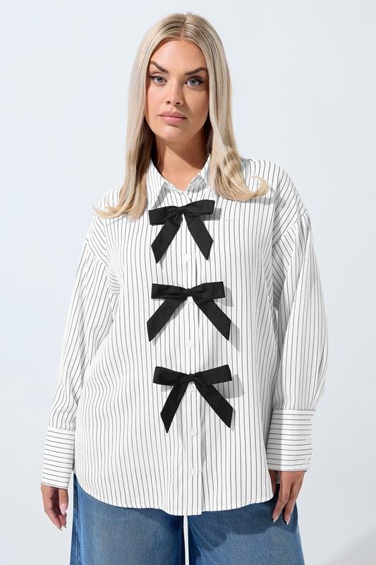 LIMITED COLLECTION Plus Size White Stripe Bow Front Shirt | Yours Clothing 1