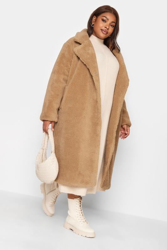 YOURS Plus Size Camel Brown Teddy Maxi Coat | Yours Clothing 1