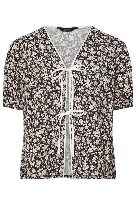 LIMITED COLLECTION Curve Black Ditsy Floral Bow Tie Front Top | Yours Clothing 5
